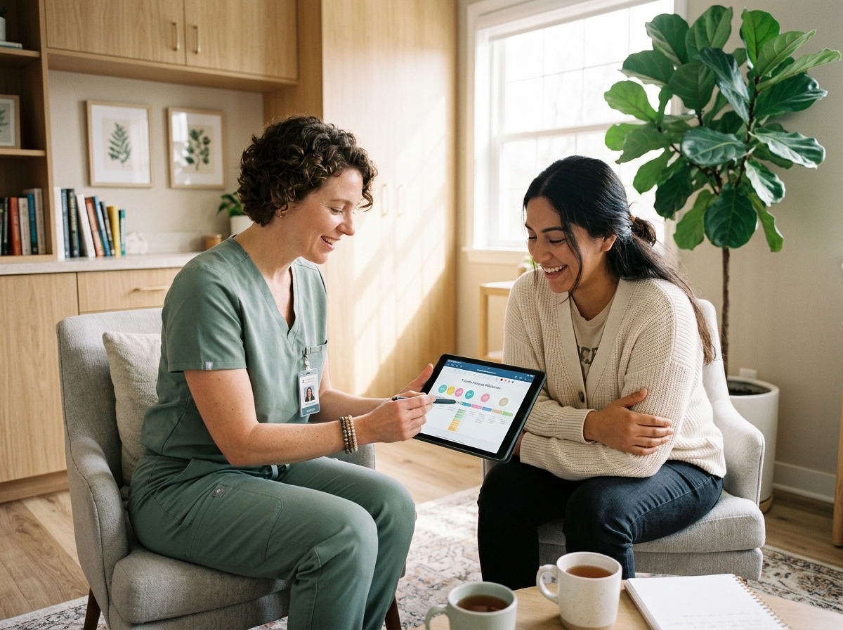 Compassionate clinical journey coordinator in sage scrubs reviewing care milestones on a tablet with a smiling surrogate - Harmony Surrogacy