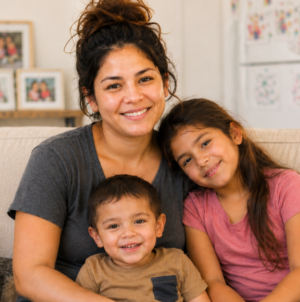 Joyful surrogate mother smiling warmly on the couch with her two young children at home - Harmony Surrogacy